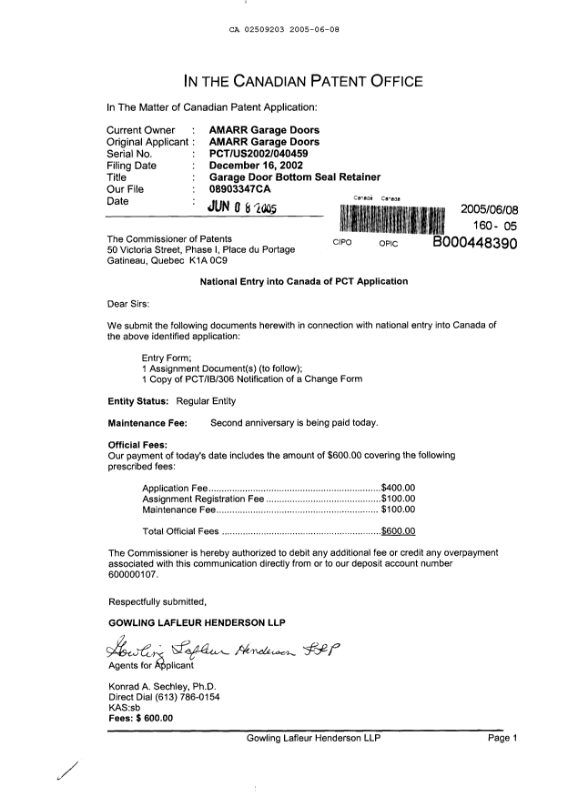 Document de brevet canadien 2509203. Cession 20050608. Image 1 de 2