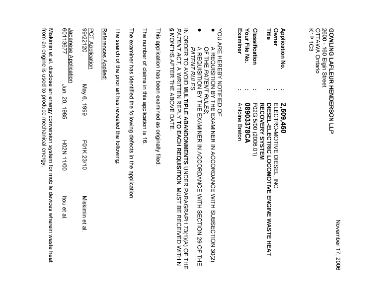 Canadian Patent Document 2509450. Prosecution-Amendment 20061117. Image 1 of 3