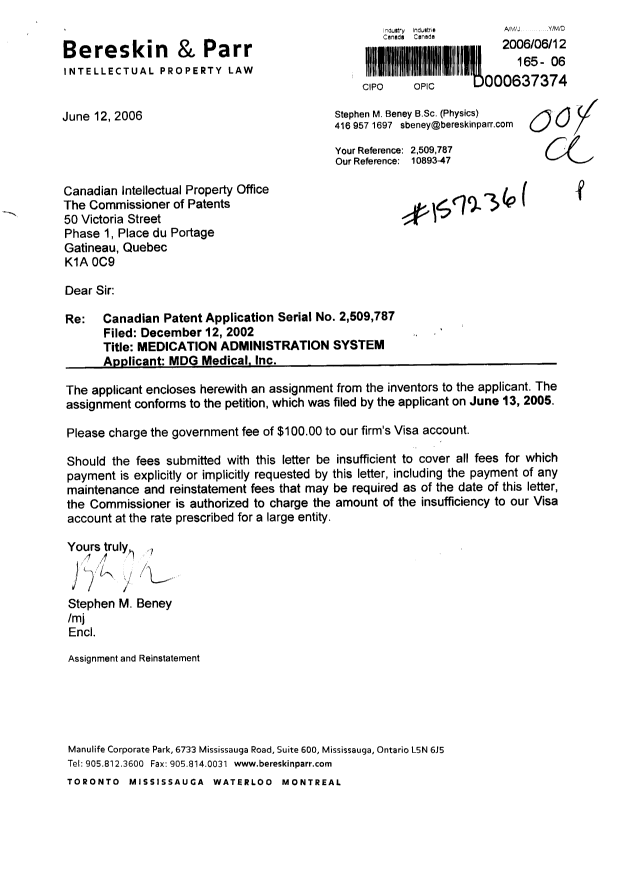 Document de brevet canadien 2509787. Cession 20060612. Image 1 de 6