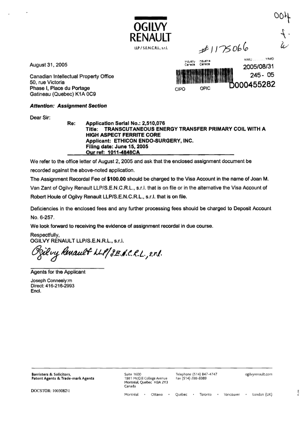 Document de brevet canadien 2510076. Cession 20050831. Image 1 de 7