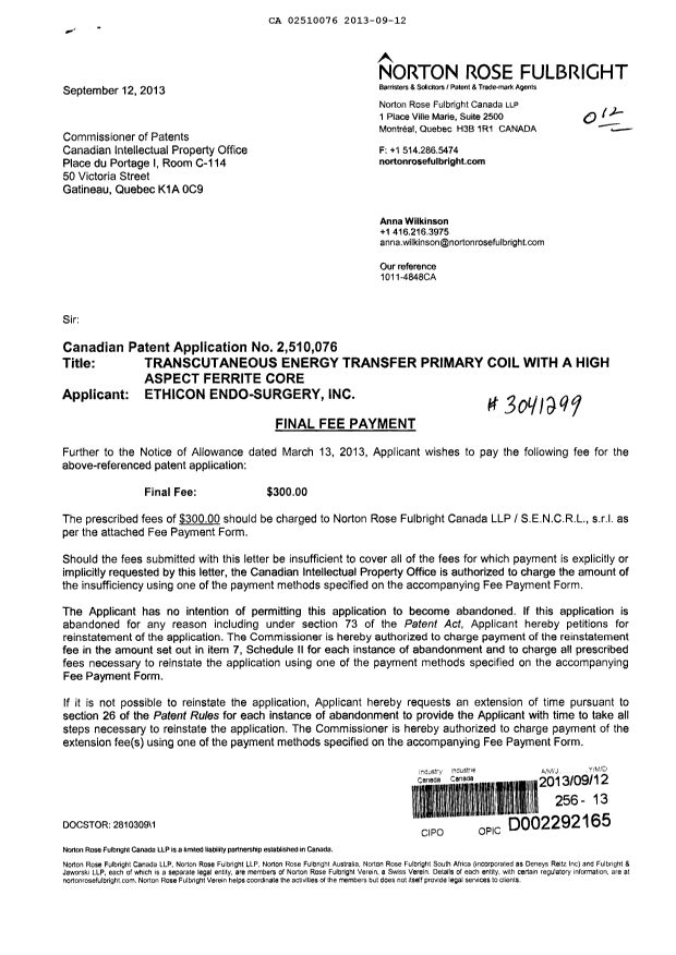 Canadian Patent Document 2510076. Correspondence 20130912. Image 1 of 2