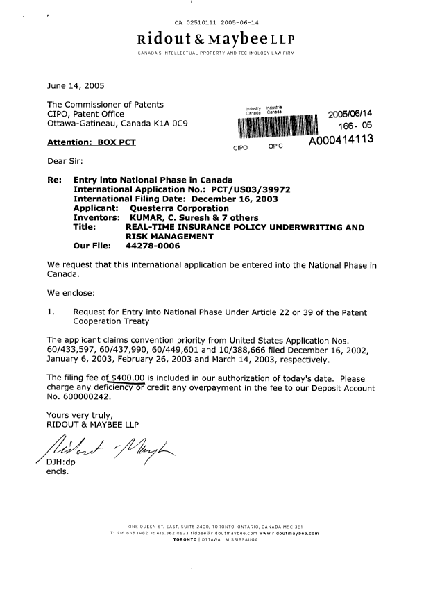 Document de brevet canadien 2510111. Cession 20050614. Image 1 de 3