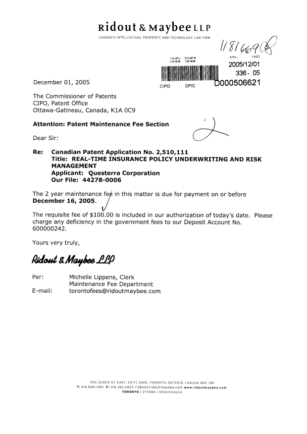 Document de brevet canadien 2510111. Taxes 20051201. Image 1 de 1
