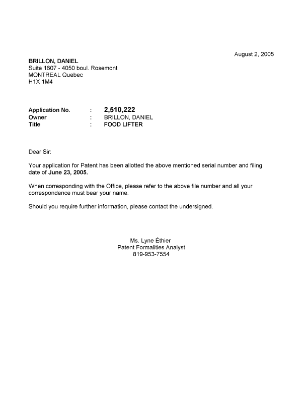 Document de brevet canadien 2510222. Correspondance 20041228. Image 1 de 1