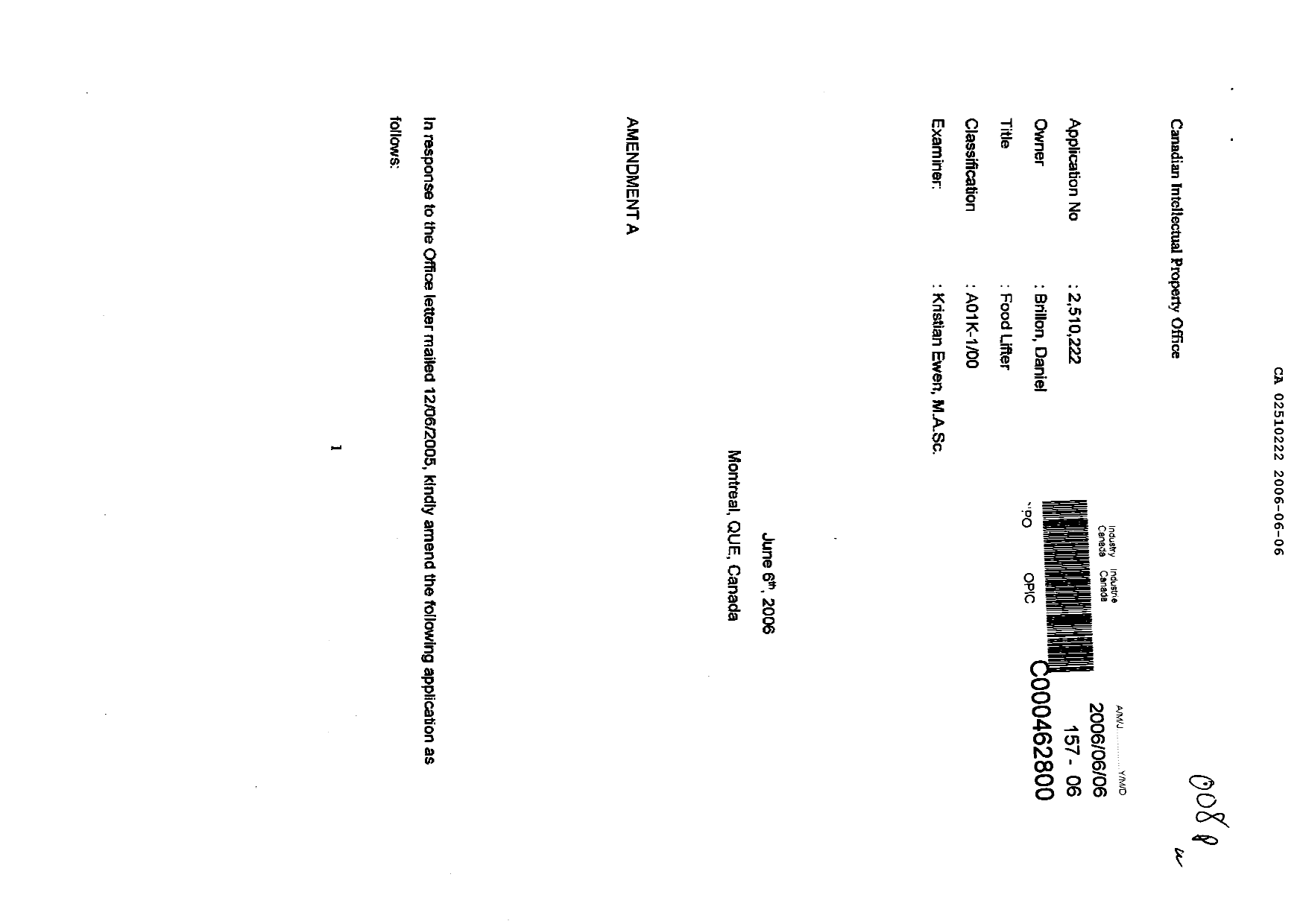 Document de brevet canadien 2510222. Poursuite-Amendment 20051206. Image 1 de 15