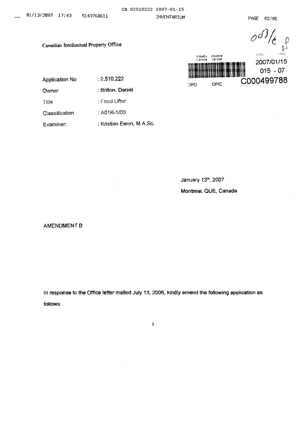 Canadian Patent Document 2510222. Prosecution-Amendment 20070115. Image 1 of 6
