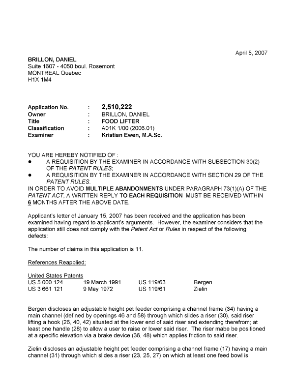 Canadian Patent Document 2510222. Prosecution-Amendment 20070405. Image 1 of 3