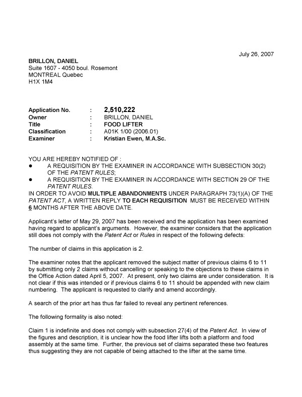Canadian Patent Document 2510222. Prosecution-Amendment 20070726. Image 1 of 2