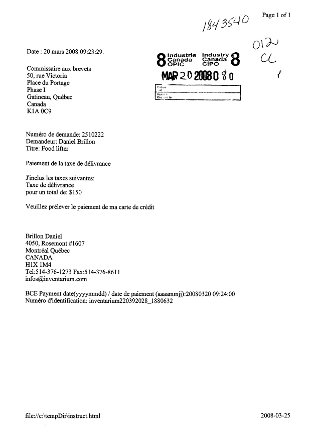Document de brevet canadien 2510222. Correspondance 20071220. Image 1 de 1