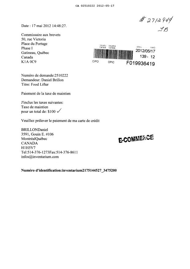 Document de brevet canadien 2510222. Taxes 20111217. Image 1 de 1