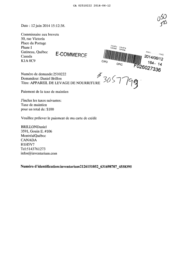 Canadian Patent Document 2510222. Fees 20140612. Image 1 of 1