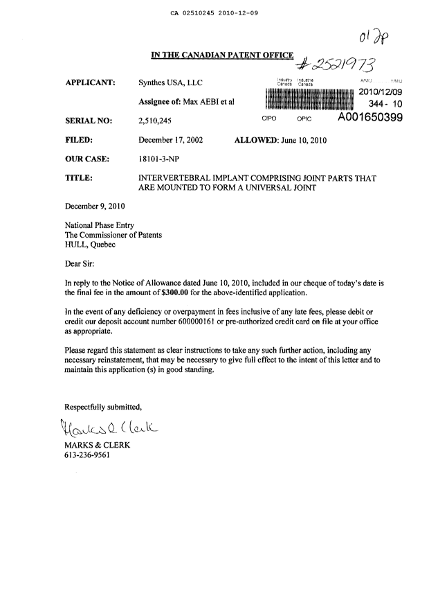 Document de brevet canadien 2510245. Correspondance 20101209. Image 1 de 1