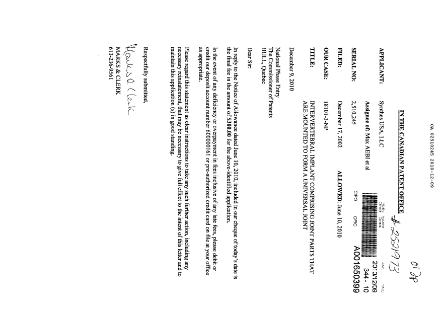 Canadian Patent Document 2510245. Correspondence 20101209. Image 1 of 1