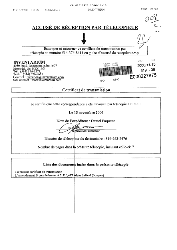 Document de brevet canadien 2510427. Poursuite-Amendment 20051215. Image 1 de 7