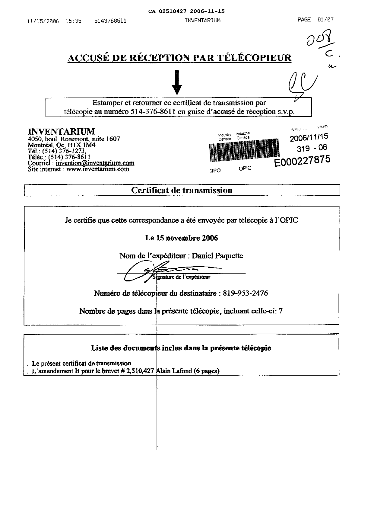 Document de brevet canadien 2510427. Poursuite-Amendment 20051215. Image 1 de 7