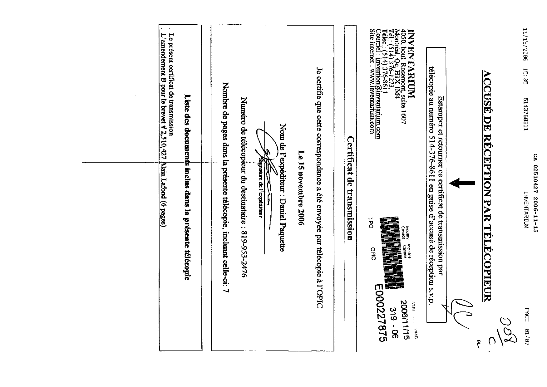 Canadian Patent Document 2510427. Prosecution-Amendment 20051215. Image 1 of 7