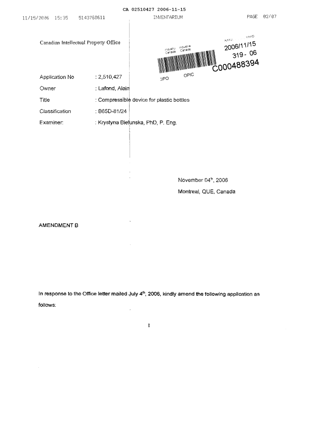 Canadian Patent Document 2510427. Prosecution-Amendment 20051215. Image 2 of 7