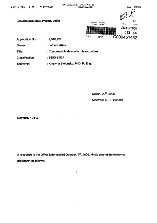 Canadian Patent Document 2510427. Prosecution-Amendment 20051231. Image 1 of 22