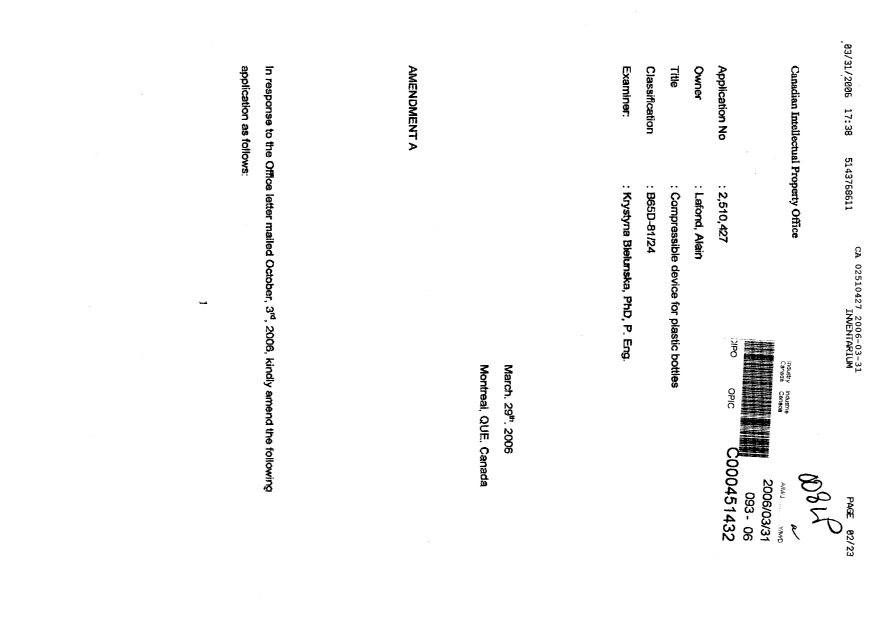 Document de brevet canadien 2510427. Poursuite-Amendment 20051231. Image 1 de 22