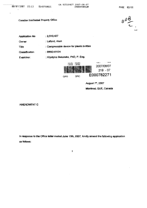 Canadian Patent Document 2510427. Prosecution-Amendment 20061207. Image 1 of 9