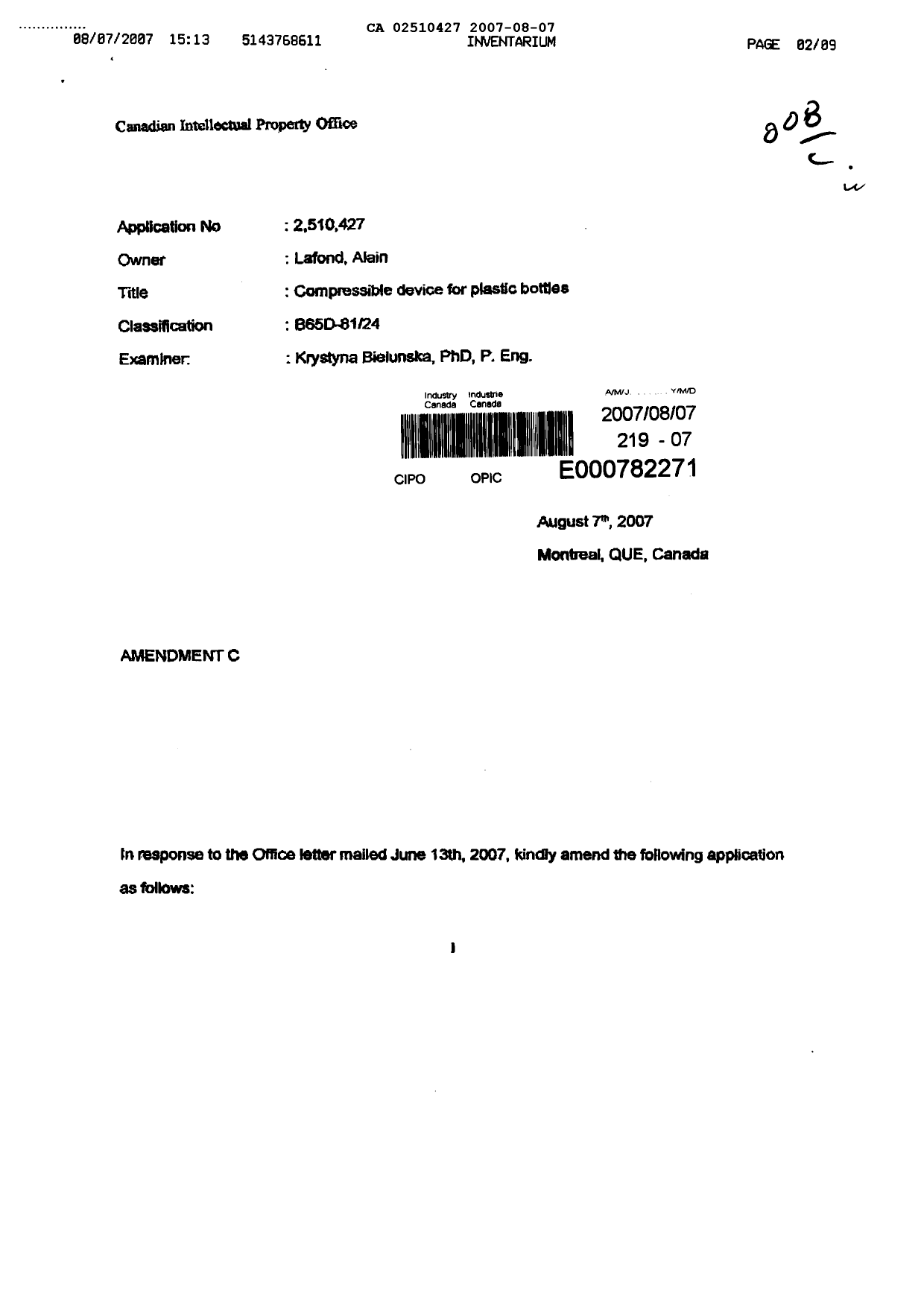 Canadian Patent Document 2510427. Prosecution-Amendment 20061207. Image 1 of 9