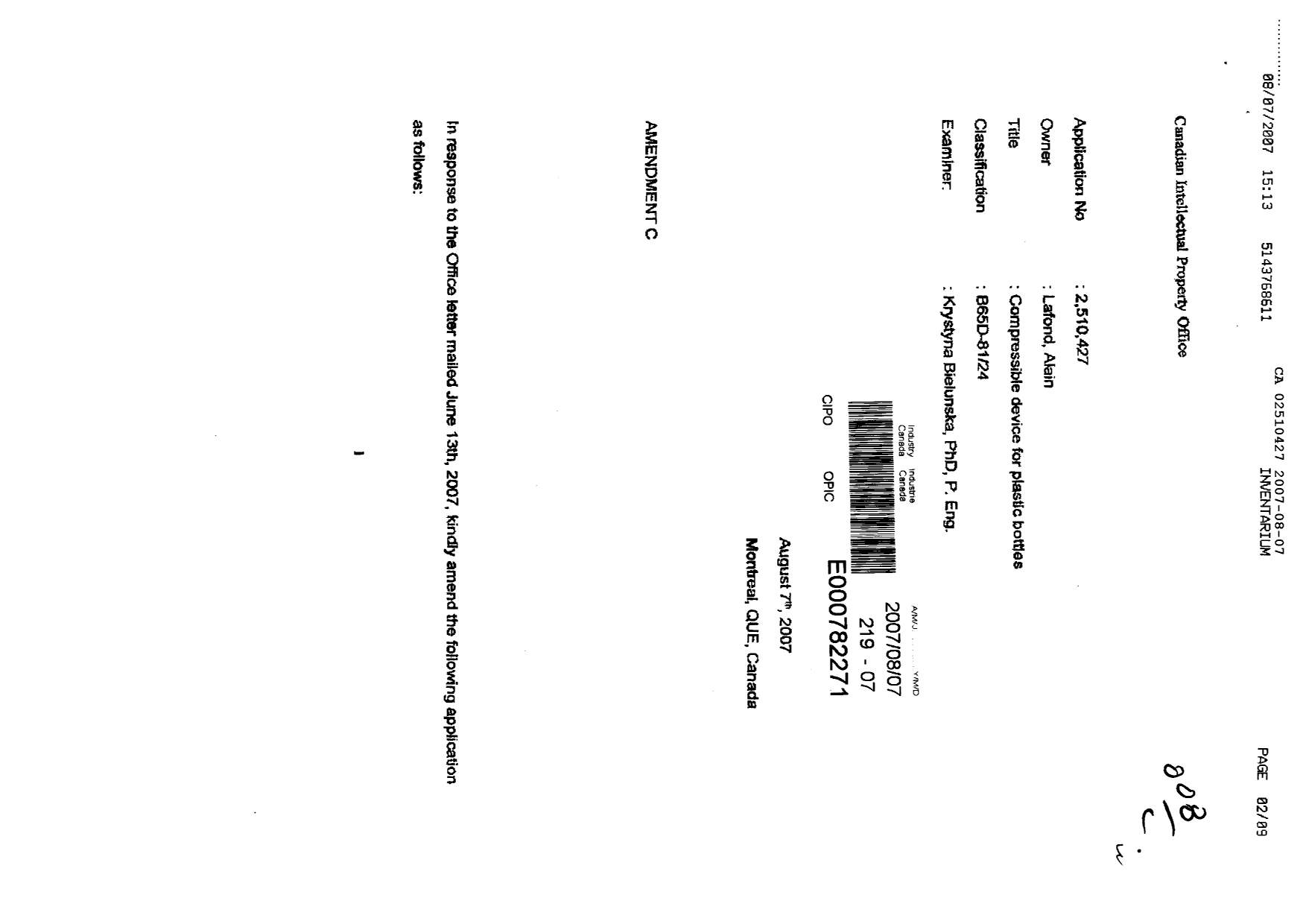 Document de brevet canadien 2510427. Poursuite-Amendment 20061207. Image 1 de 9