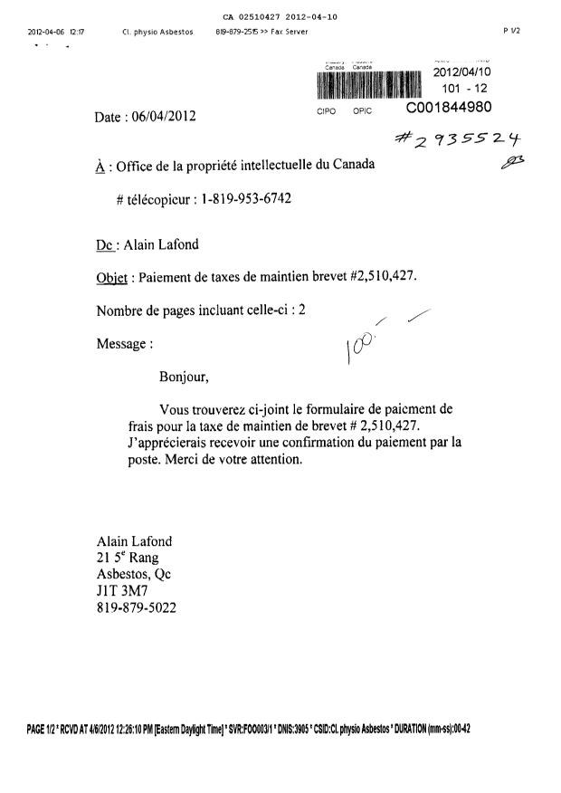Canadian Patent Document 2510427. Fees 20111210. Image 1 of 1