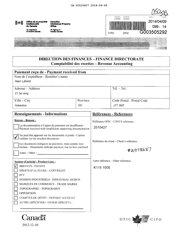 Document de brevet canadien 2510427. Taxes 20131209. Image 1 de 1