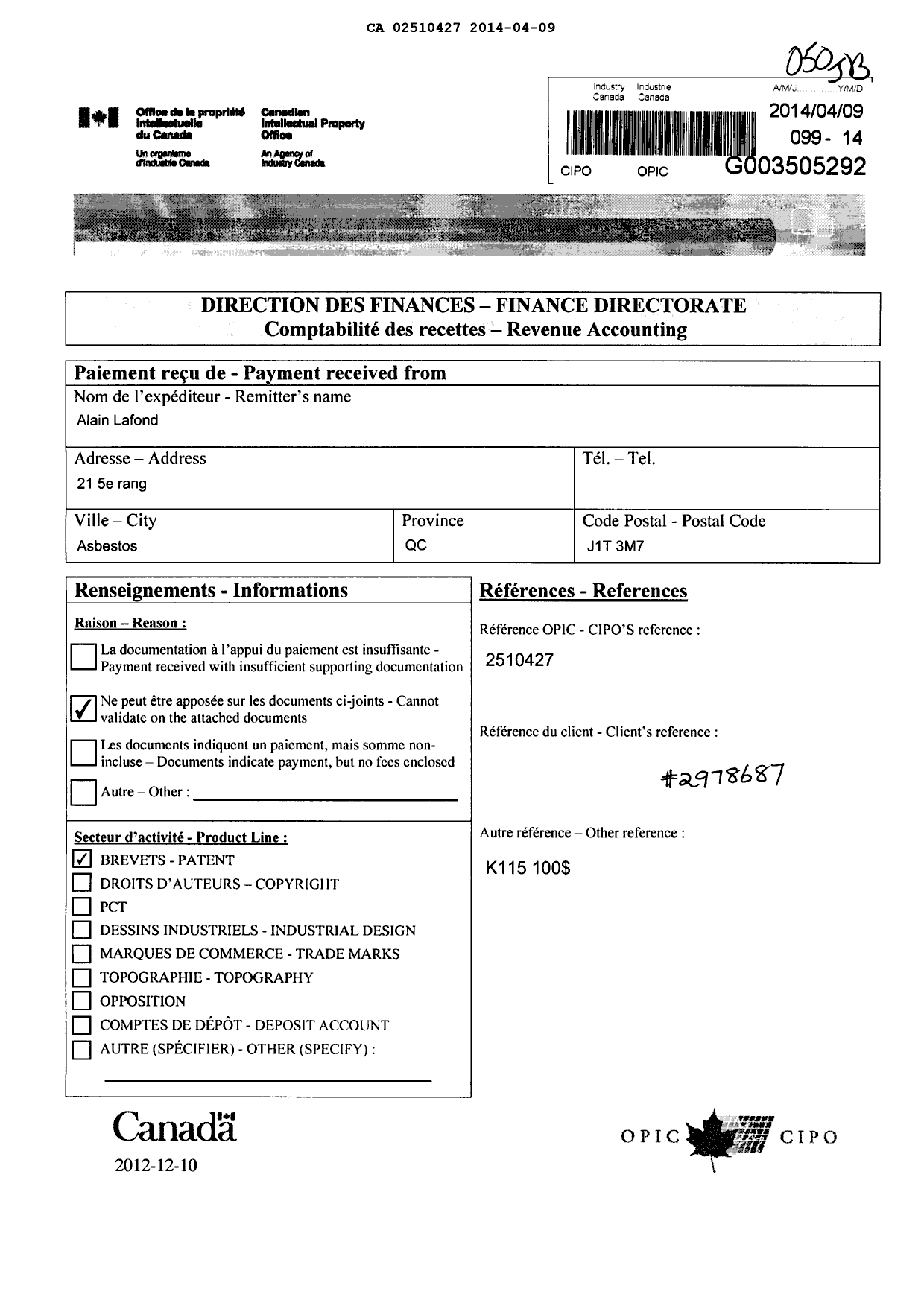Document de brevet canadien 2510427. Taxes 20131209. Image 1 de 1