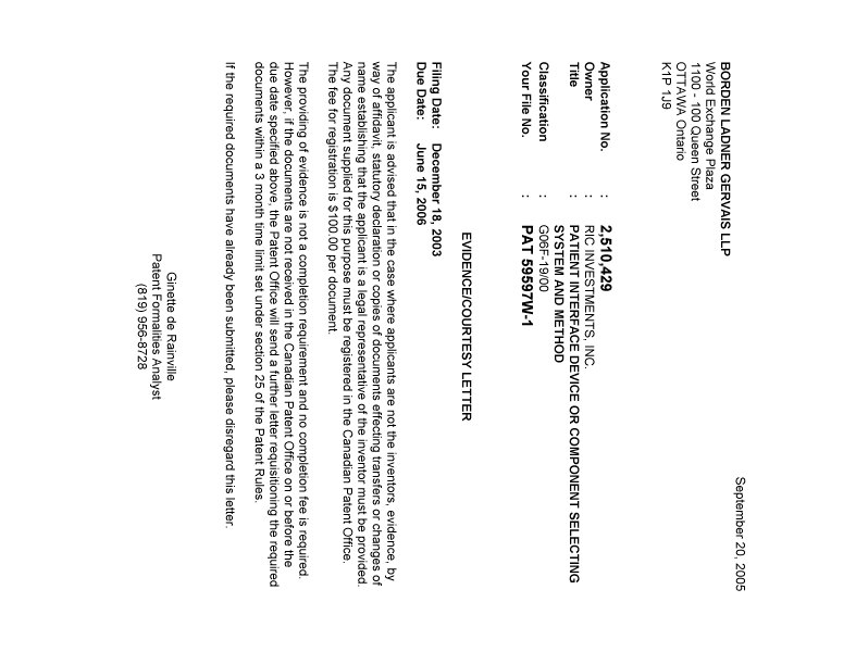 Canadian Patent Document 2510429. Correspondence 20050914. Image 1 of 1