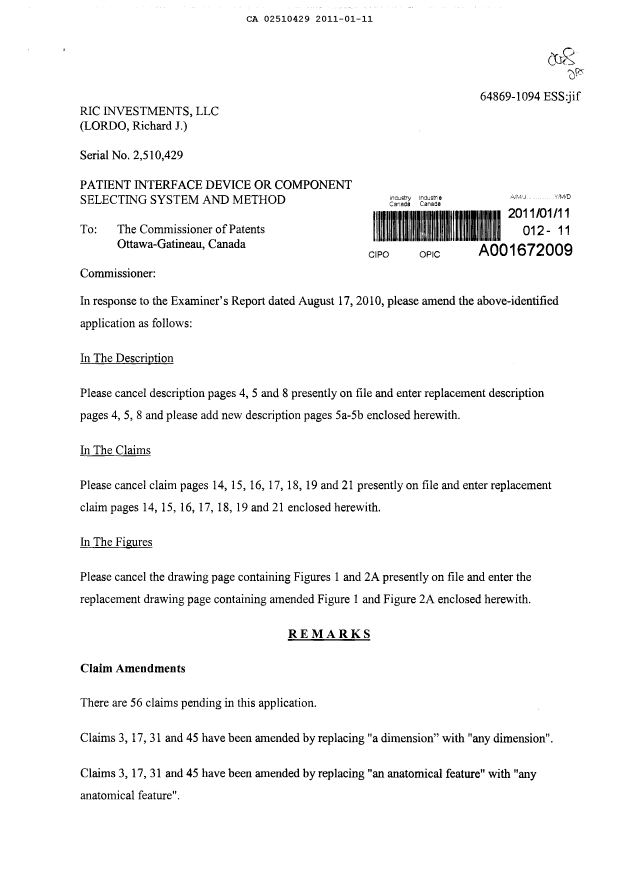 Canadian Patent Document 2510429. Prosecution-Amendment 20110111. Image 1 of 16