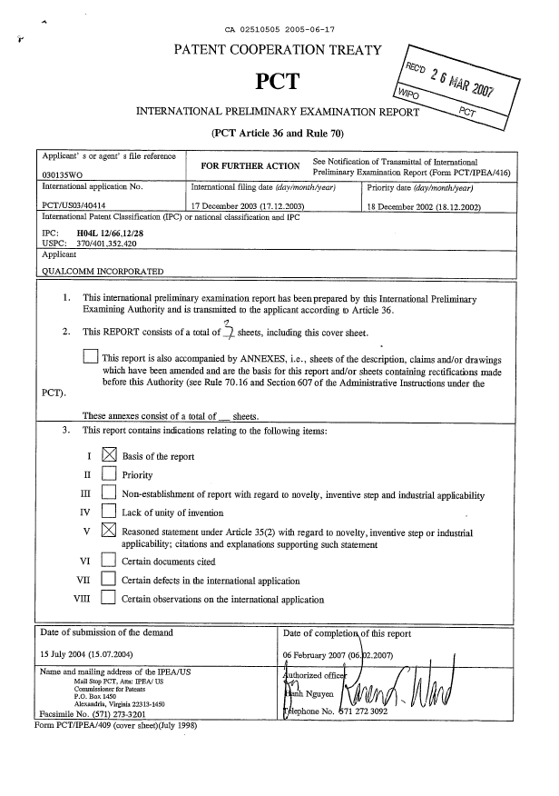 Document de brevet canadien 2510505. PCT 20050617. Image 1 de 3