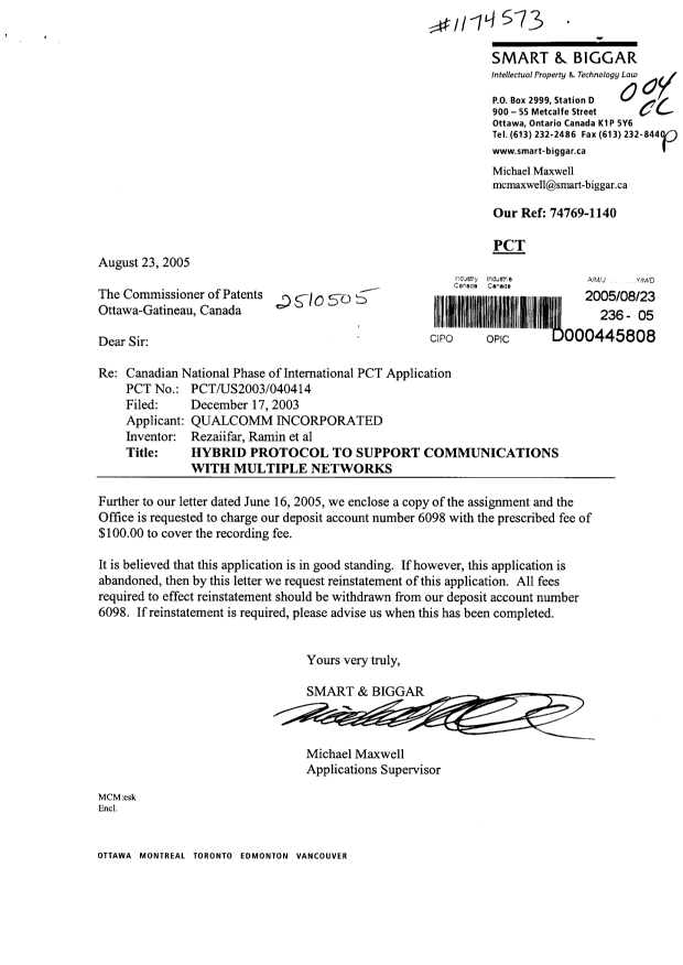 Document de brevet canadien 2510505. Cession 20050823. Image 1 de 6