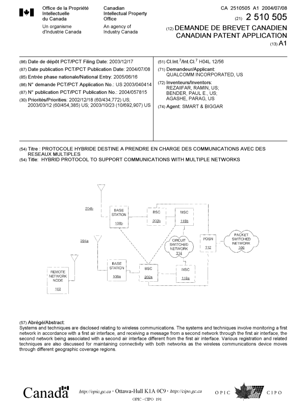 Document de brevet canadien 2510505. Page couverture 20050913. Image 1 de 1