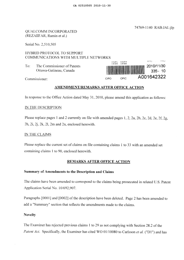 Canadian Patent Document 2510505. Prosecution-Amendment 20101130. Image 1 of 49