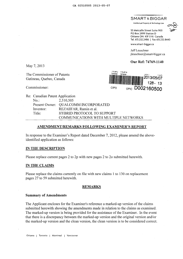 Document de brevet canadien 2510505. Poursuite-Amendment 20130507. Image 1 de 89