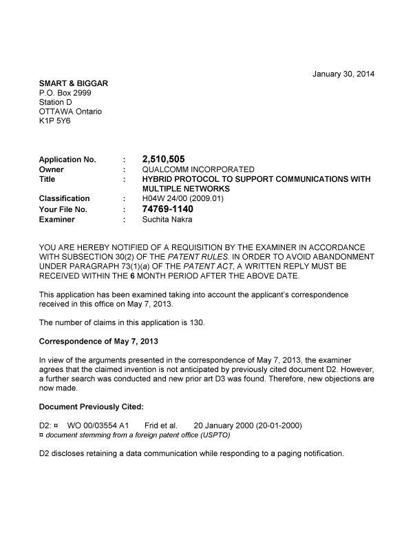 Document de brevet canadien 2510505. Poursuite-Amendment 20140130. Image 1 de 3