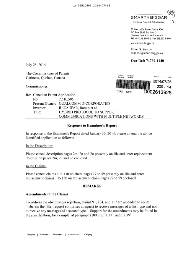 Document de brevet canadien 2510505. Poursuite-Amendment 20140725. Image 1 de 40