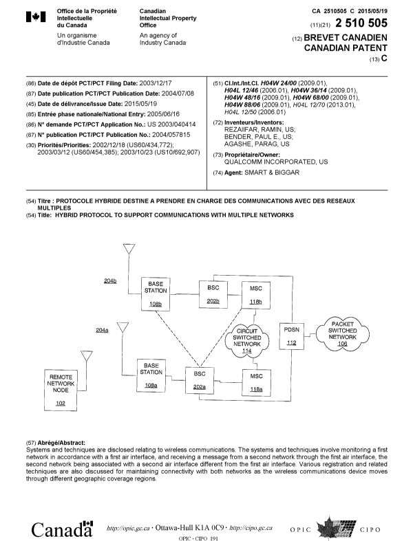 Document de brevet canadien 2510505. Page couverture 20150422. Image 1 de 1