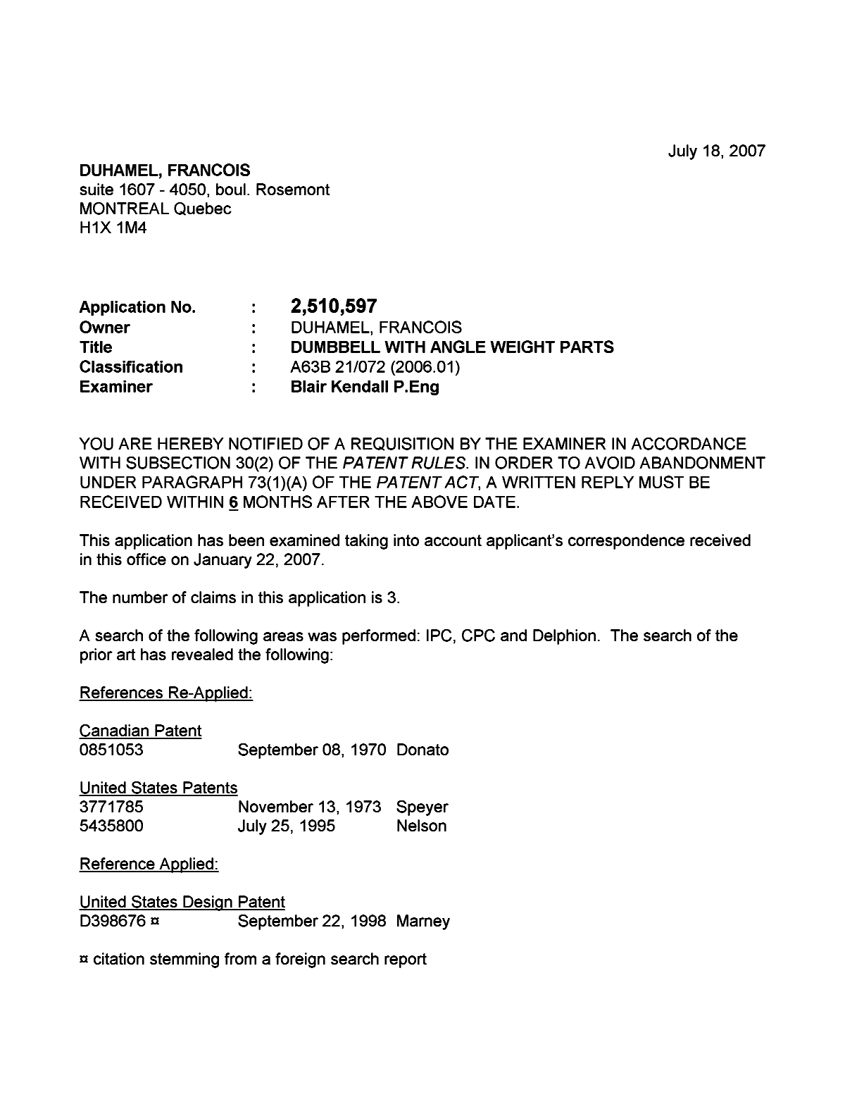 Canadian Patent Document 2510597. Prosecution-Amendment 20061218. Image 1 of 3
