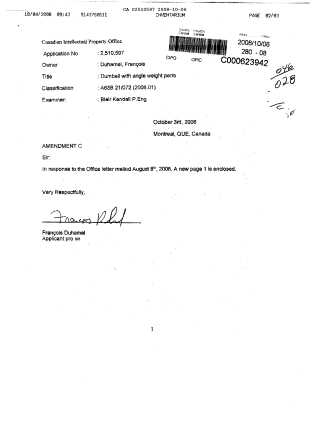Document de brevet canadien 2510597. Correspondance 20081006. Image 1 de 3