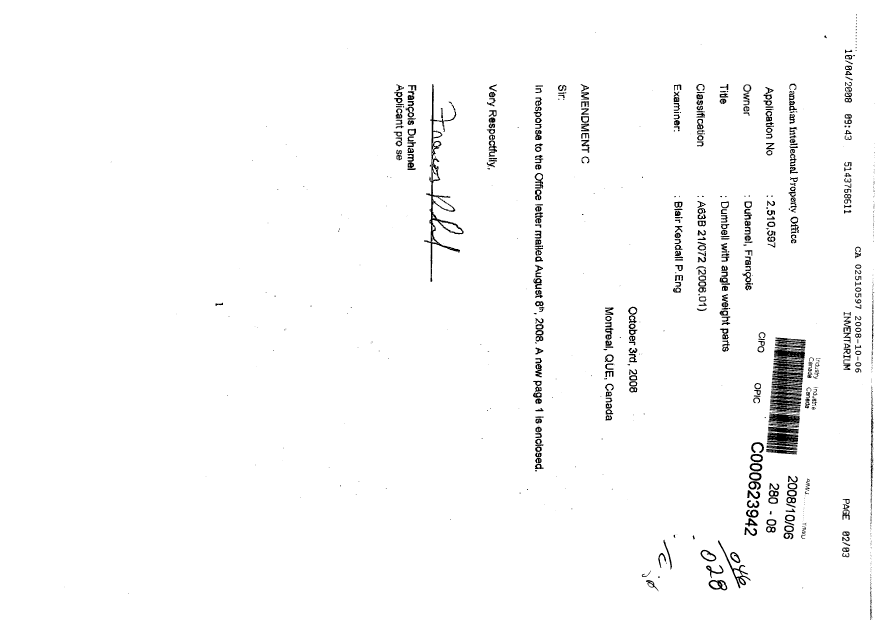 Canadian Patent Document 2510597. Correspondence 20081006. Image 1 of 3