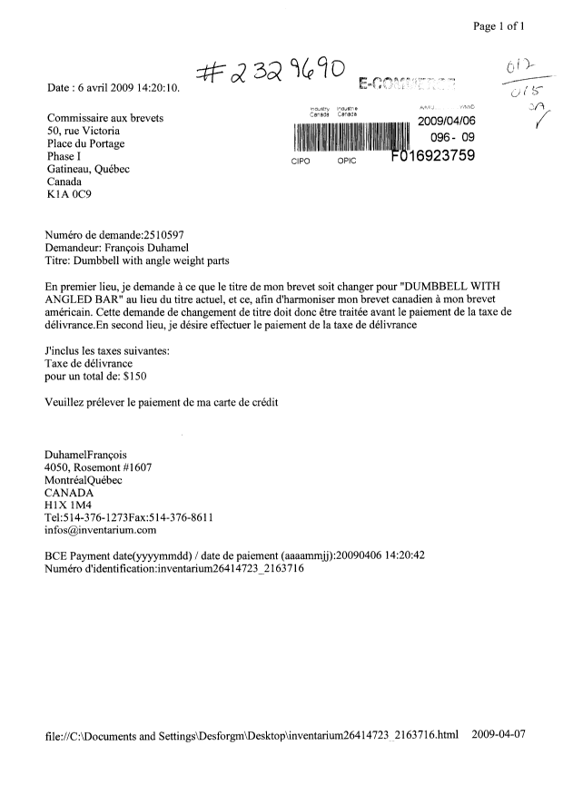 Document de brevet canadien 2510597. Correspondance 20081206. Image 1 de 1
