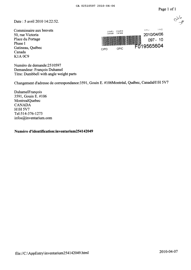 Document de brevet canadien 2510597. Correspondance 20091206. Image 1 de 1