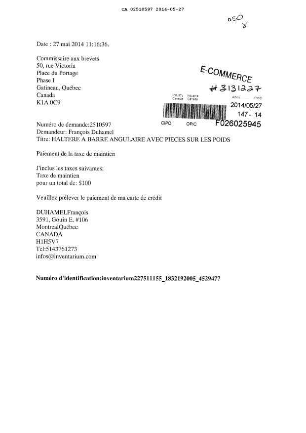 Document de brevet canadien 2510597. Taxes 20131227. Image 1 de 1