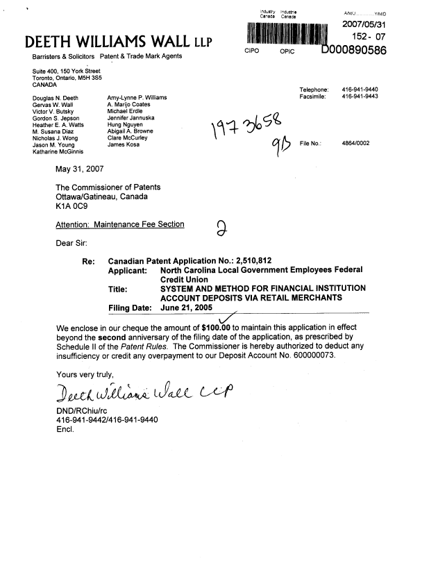 Canadian Patent Document 2510812. Fees 20070531. Image 1 of 1