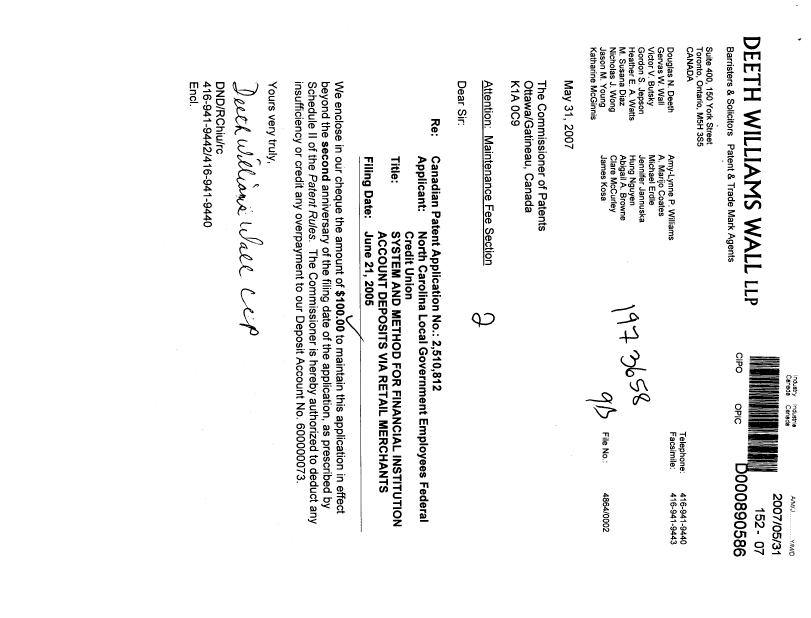 Canadian Patent Document 2510812. Fees 20070531. Image 1 of 1