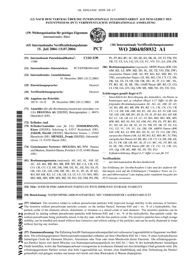 Document de brevet canadien 2511022. Abrégé 20050617. Image 1 de 1
