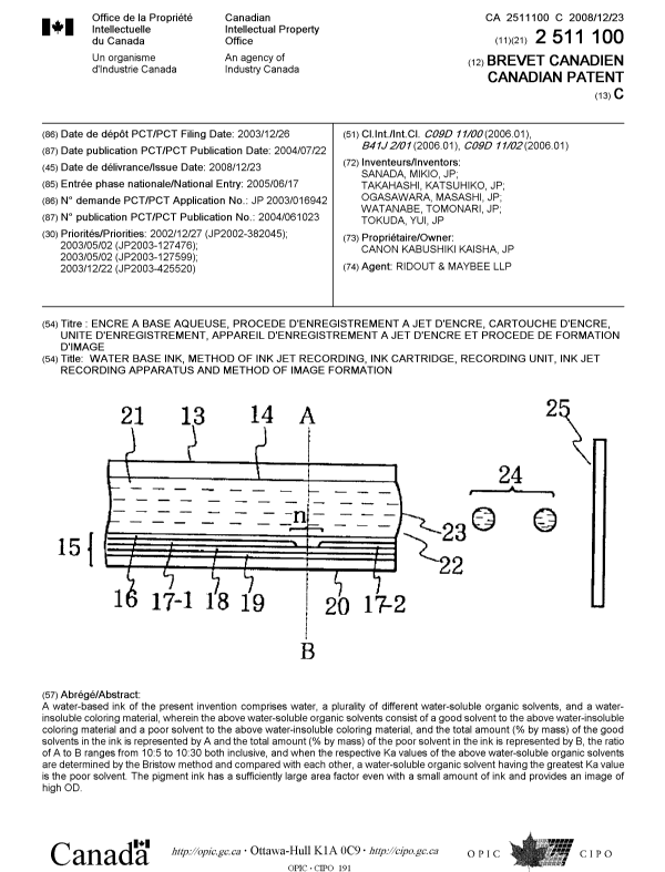 Document de brevet canadien 2511100. Page couverture 20081212. Image 1 de 1