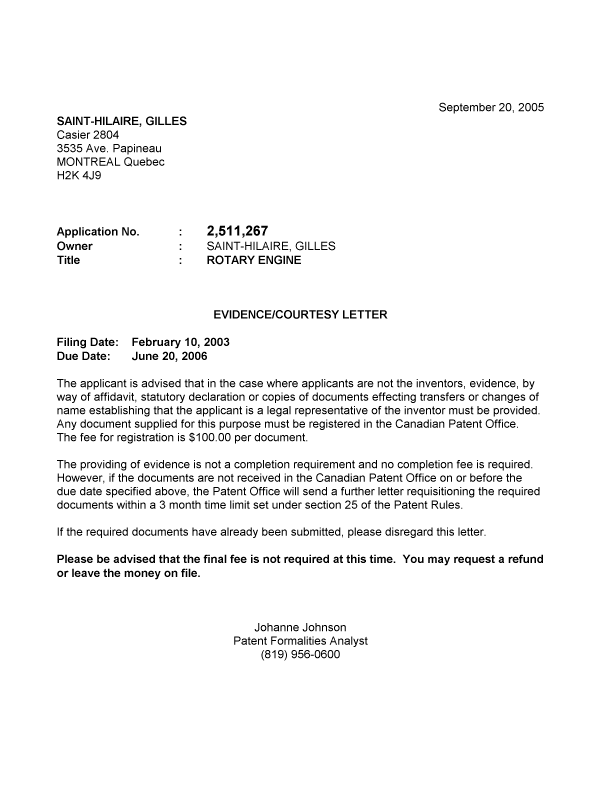 Document de brevet canadien 2511267. Correspondance 20050915. Image 1 de 1